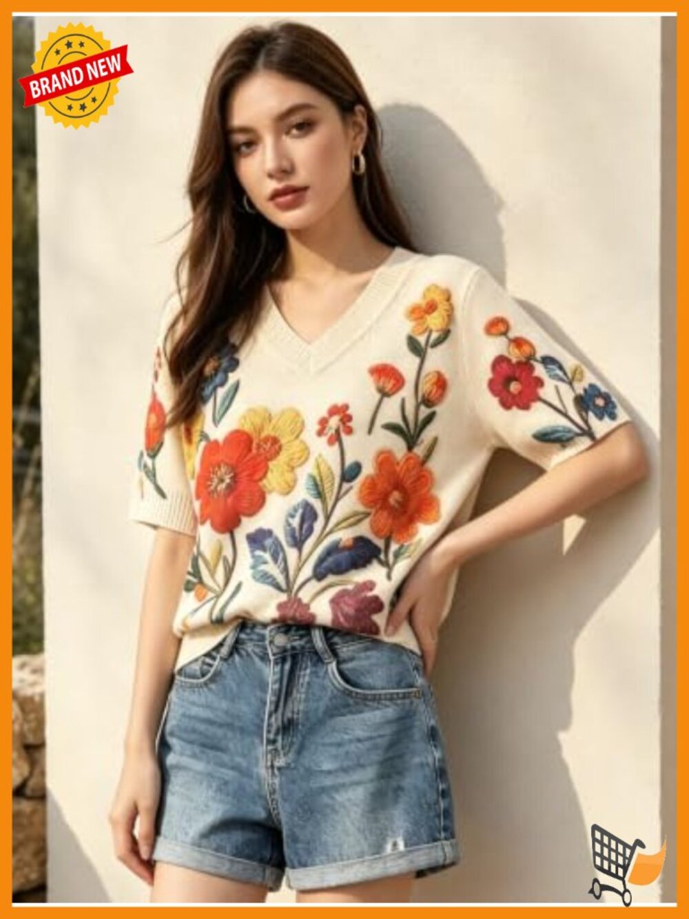 Boho Floral Half Sleeve V-Neck Pullover Sweater Loose Fit Lightweight - Picture 4 of 5